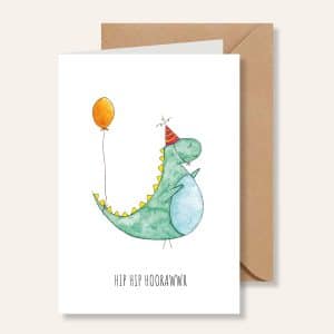 Kaartje – Feestdino met feesthoed – hiphiphoorawr