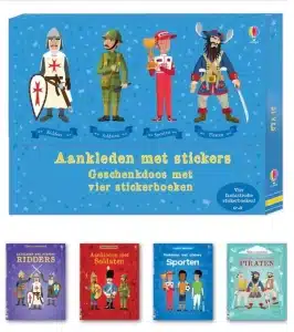 Geschenkdoos: Aankleden met stickers jongens (doos 4 ass).  Ridders – Soldaten – Sporten – Piraten
